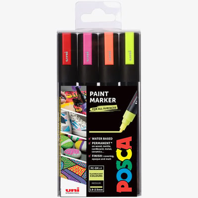 Uni-Ball POSCA PC-5M Medium Bullet Tip Marker Pens - Fluorescent Colours (Pack of 4)