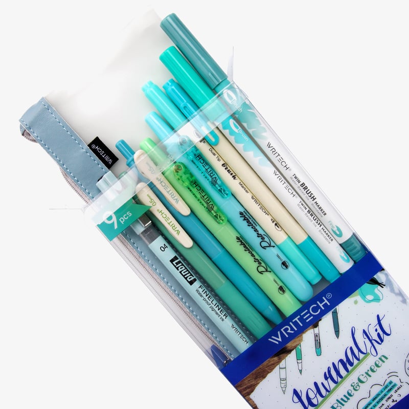 Writech Writech Color Coded Journal Kit - Blue & Green (9 Piece, Pencil Case)