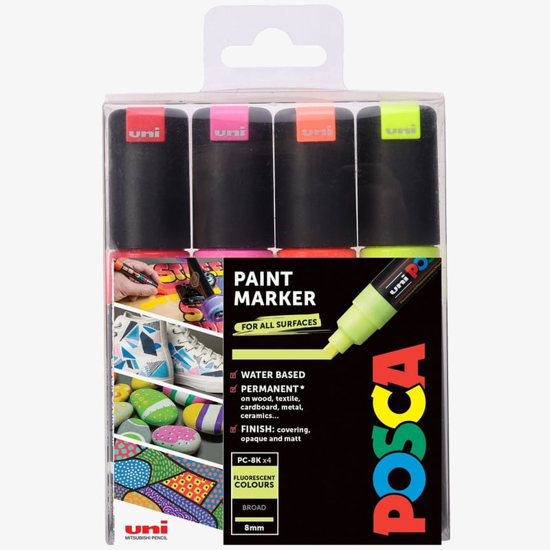 Uni-Ball POSCA PC-8K Broad Chisel Tip Marker Pens - Fluorescent Colours (Pack of 4)