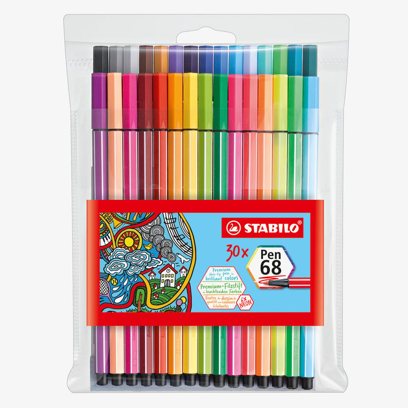 STABILO STABILO Pen 68 Fibre Tip Pen  - Wallet of 30 - Assorted Colours including 6 Neon