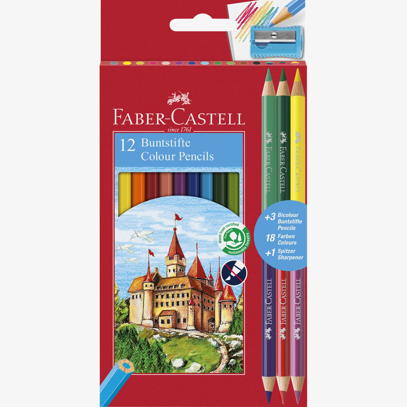 Faber-Castell Faber-Castell Classic Colour Pencils - Set of 12 + 3 Bicolour Pencils + Sharpener