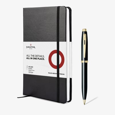 Sheaffer 100 Ballpoint Pen Gift Set - Gloss Black Gold Trim with A5 Notebook