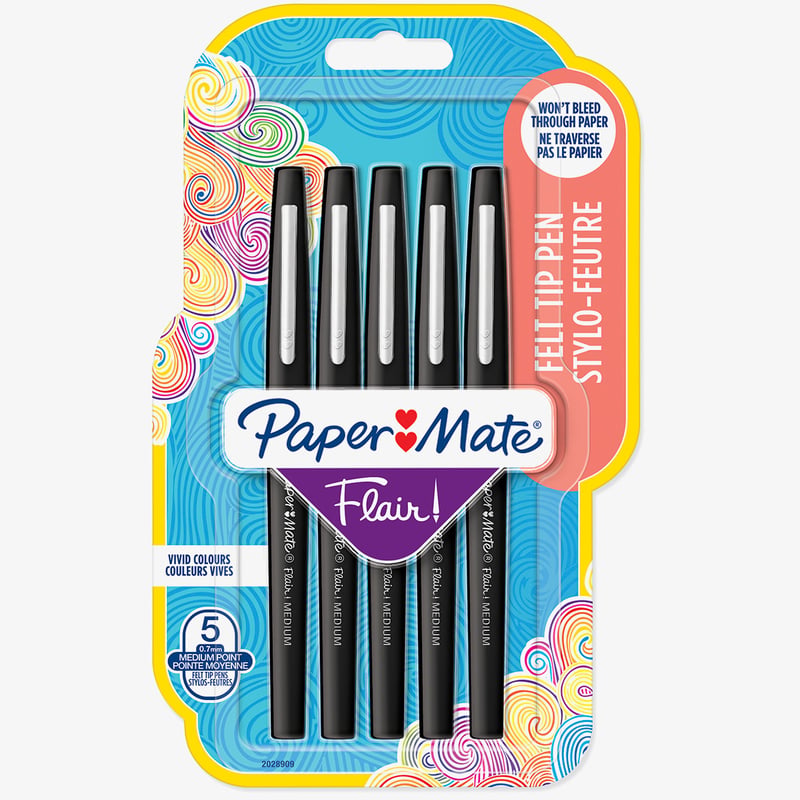 Papermate Papermate Flair Original Fibre Tip Pen - Medium - Black (Blister of 5)