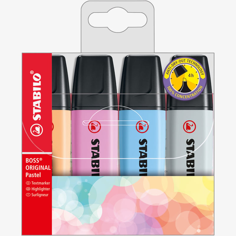 STABILO STABILO BOSS ORIGINAL Pastel Highlighter - Wallet of 4 - Assorted Colours