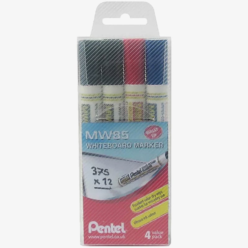 Pentel Pentel MW85 Whiteboard Markers - Bullet Tip - Assorted Colours (Wallet of 4)
