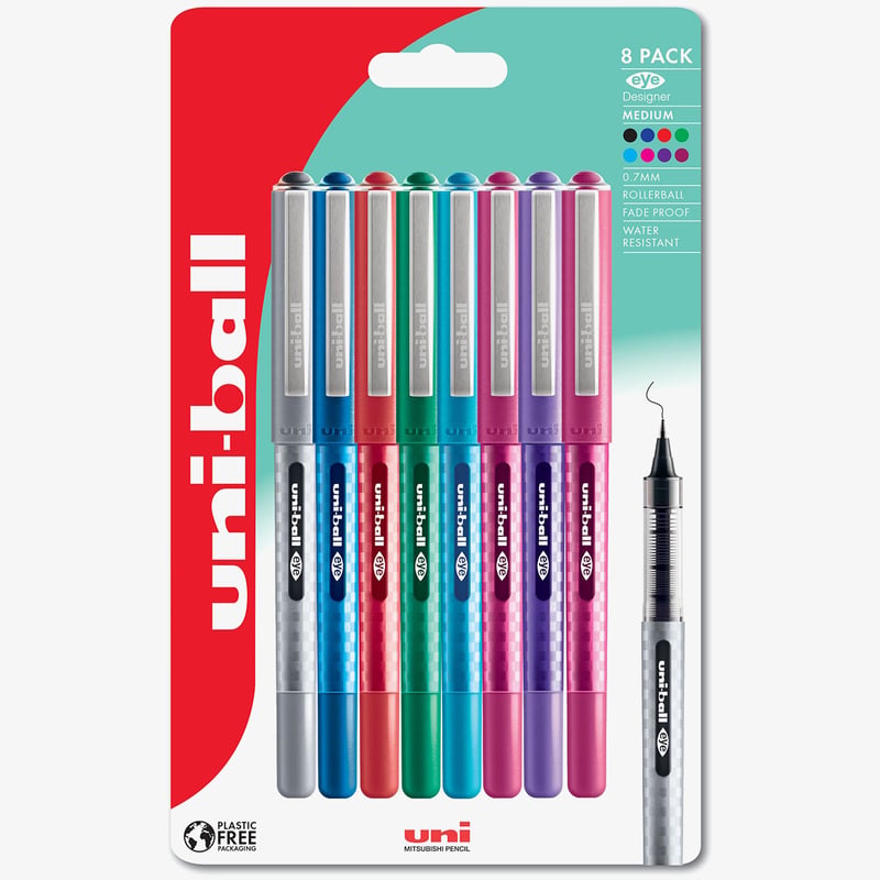 Uni-Ball Uni-Ball UB-157D Eye Designer Rollerball Pens - Assorted Colours (Blister of 8)