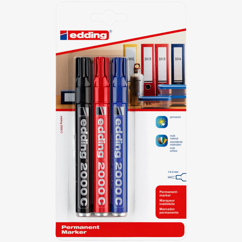 Edding Edding 2000 Permanent Markers - Assorted Colours (Blister of 3)
