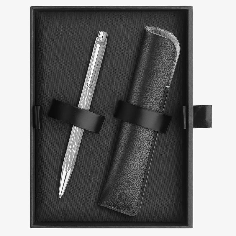 Caran d'Ache Caran d'Ache Ecridor Ballpoint Pen & Leather Case Set - "Venetian" Palladium Coated