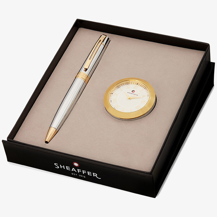 Sheaffer Sheaffer 300 Ballpoint Pen Gift Set - Bright Chrome Gold Trim with Table Clock