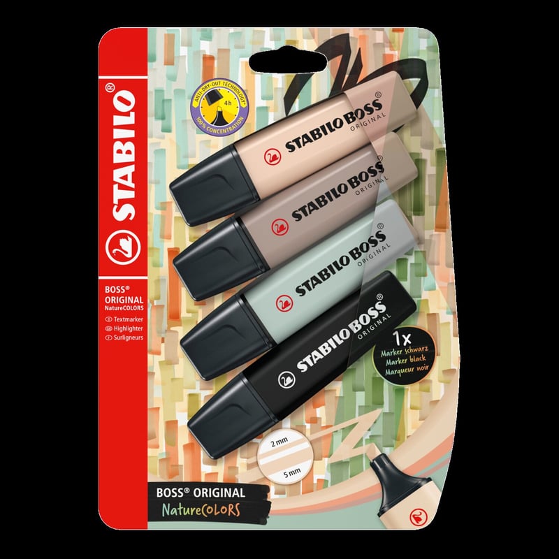 STABILO STABILO BOSS ORIGINAL NatureCOLORS - Pack of 4 - Beige, Warm Grey, Earth Green, Black