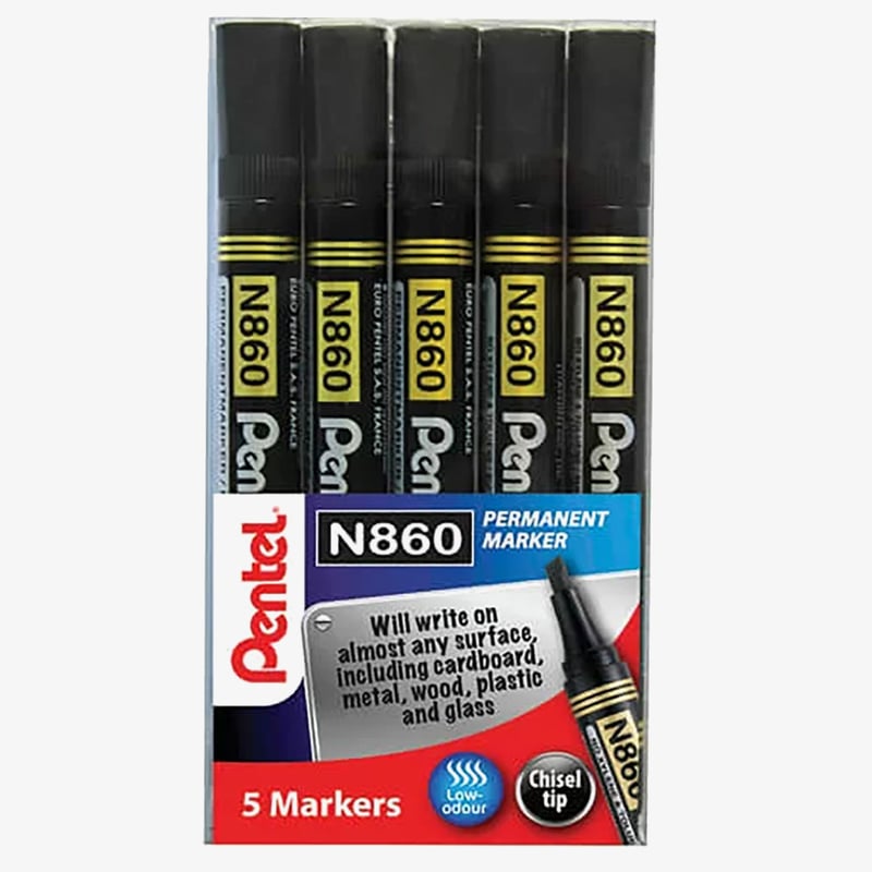 Pentel Pentel N860 Permanent Marker - Chisel Tip - Black (Wallet of 5)