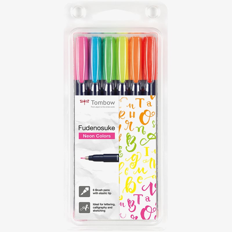 Tombow Tombow Fudenosuke Hard Tip Brush Pens - Assorted Colours (Pack of 6)