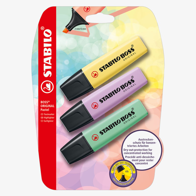STABILO STABILO BOSS ORIGINAL Pastel Highlighter - Blister of 3 -  Assorted Colours