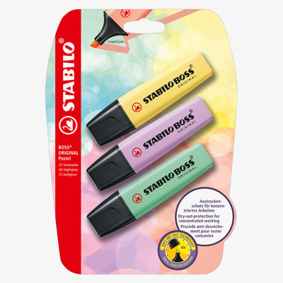 STABILO STABILO BOSS ORIGINAL Pastel Highlighter - Blister of 3 -  Assorted Colours