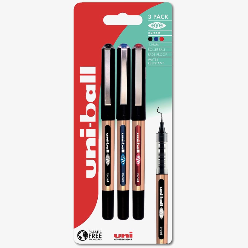 Uni-Ball Uni-Ball UB-150-10 Eye Broad Rollerball Pens - Assorted Colours (Blister of 3)
