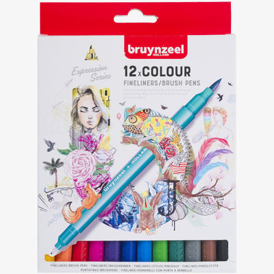 Bruynzeel Fineliner & Brush Pen Set - Assorted Colours - Pack of 12