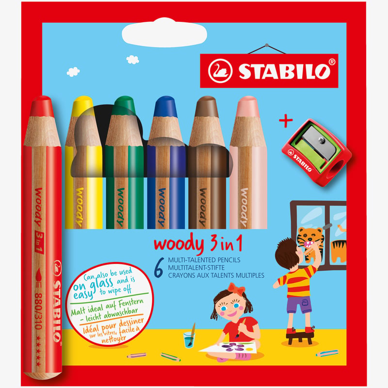 STABILO STABILO woody 3-in-1 Multi-Talented Pencil - Wallet of 6 - Assorted Colours