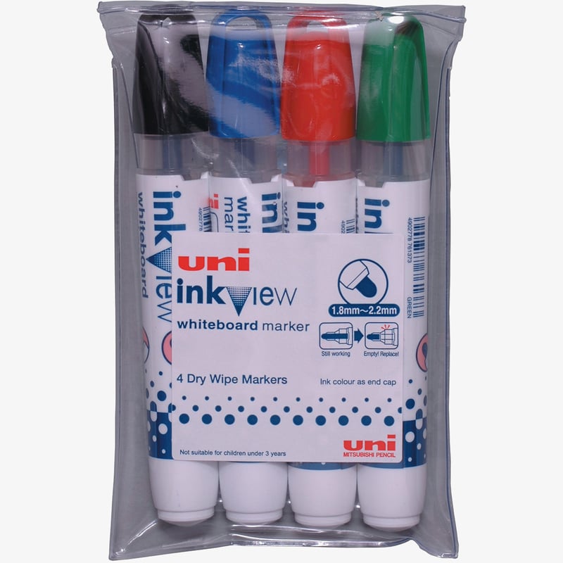 Uni-Ball Uni-Ball PWB-202 Inkview Whiteboard Markers - Assorted Colours (Pack of 4)