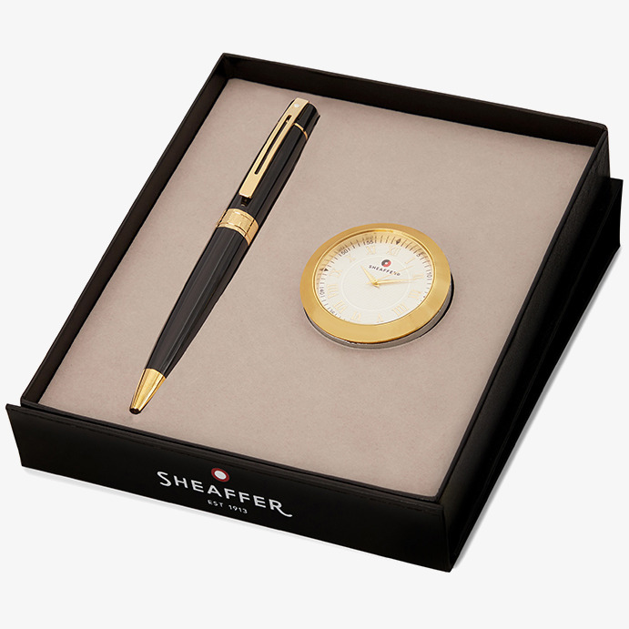 Sheaffer Sheaffer 300 Ballpoint Pen Gift Set - Gloss Black Gold Trim with Table Clock