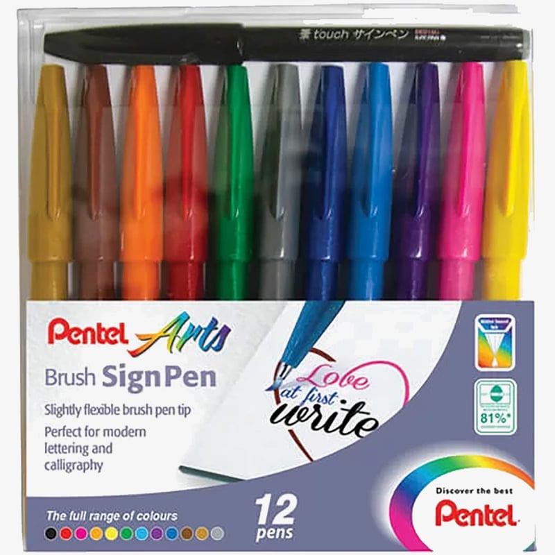 Pentel Pentel Brush Sign Pens - Assorted Original Colours (Wallet of 12)