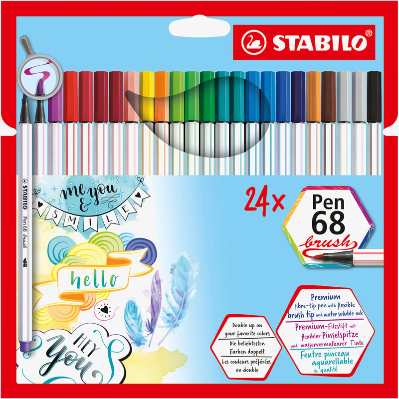 STABILO STABILO Pen 68 Fibre Tip Brush Pen  - Wallet of 24 - Assorted Colours