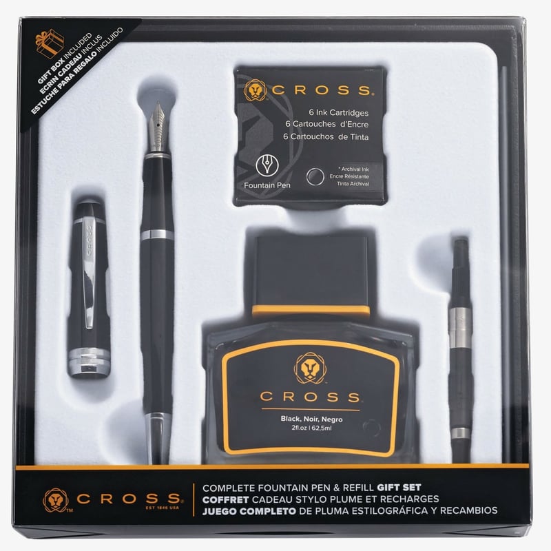 Cross Cross Bailey Fountain Pen Gift Set - Black Lacquer Chrome Trim
