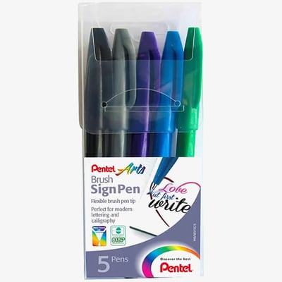 Pentel Pentel Brush Sign Pens - Assorted Colours (Wallet of 5)