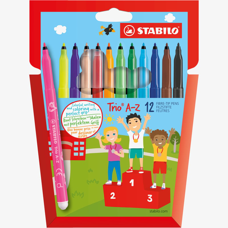 STABILO STABILO Trio A-Z Fibre Tip Pen - Wallet of 12 - Assorted Colours Incl 2 Neon