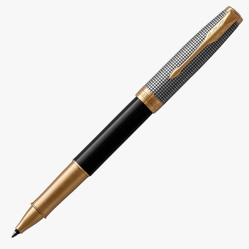 Parker Parker Sonnet Rollerball Pen - Chiselled Silver Black Lacquer Gold Trim
