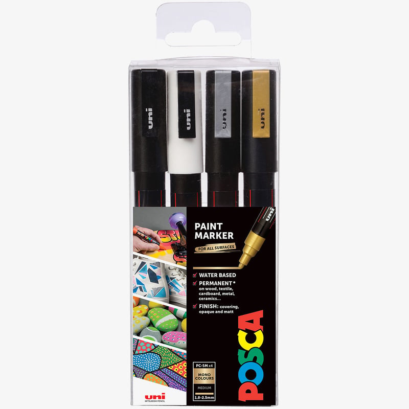 Uni-Ball POSCA PC-3M Fine Bullet Tip Marker Pens - Mono Tone Colours (Pack of 4)