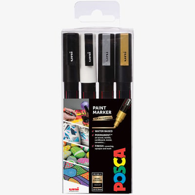 Uni-Ball POSCA PC-3M Fine Bullet Tip Marker Pens - Mono Tone Colours (Pack of 4)