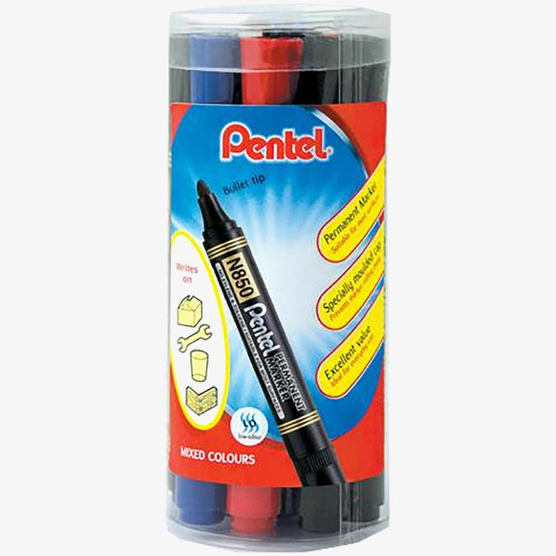 Pentel Pentel N850 Permanent Marker - Bullet Tip - Assorted Colours (Tub of 12)