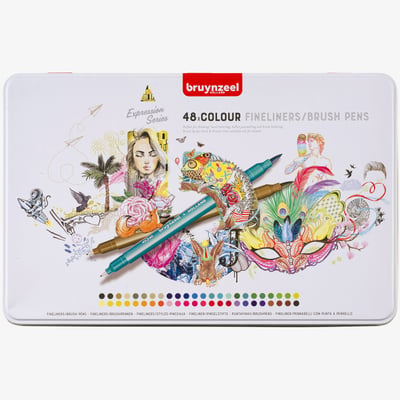 Bruynzeel Fineliner & Brush Pen Set - Assorted Colours - Pack of 48