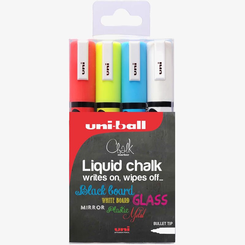 Uni-Ball Uni-Ball PWE-5M ChalkGlass Markers - Bullet Tip - Assorted Colours (Pack of 4)