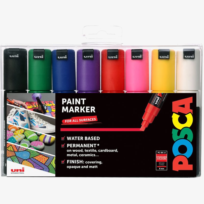 Uni-Ball POSCA PC-8K Broad Chisel Tip Marker Pens - Starter Colours (Pack of 8)
