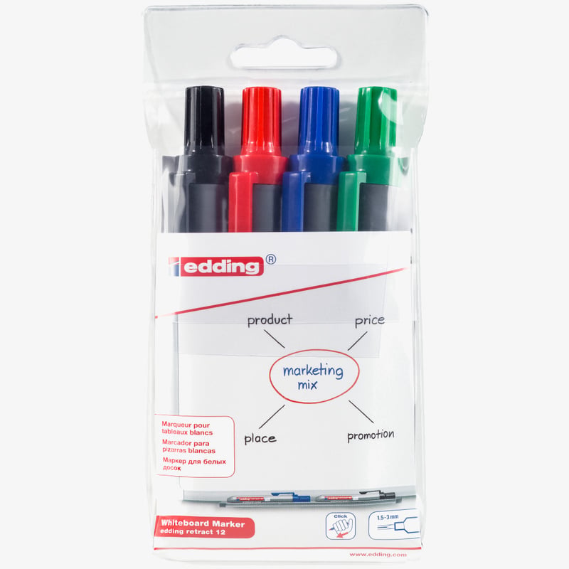 Edding Edding Retract 12 Whiteboard Markers - Assorted Office Colours (Wallet of 4)