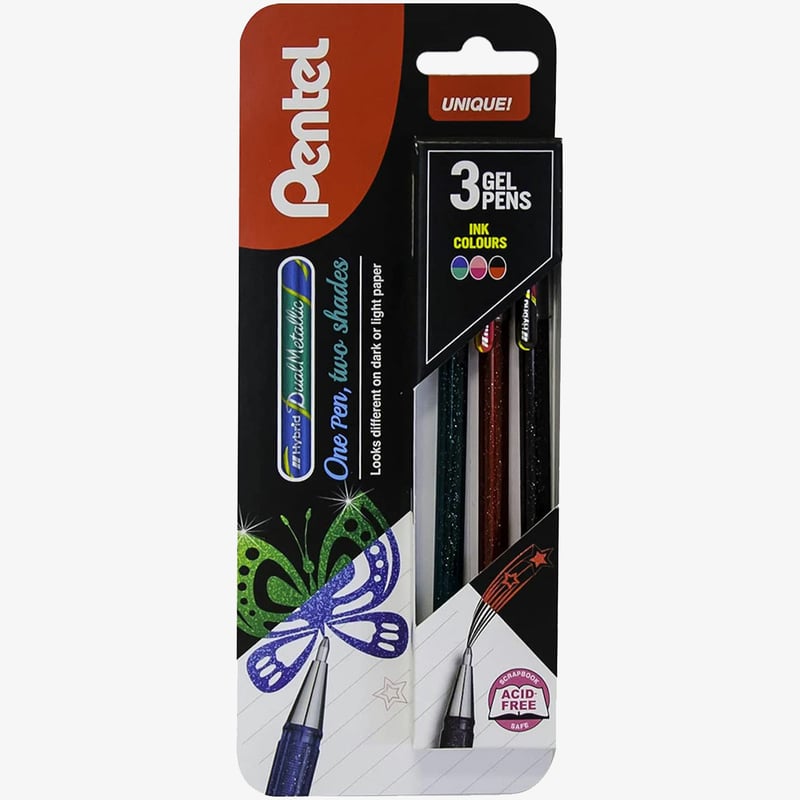 Pentel Pentel Hybrid Dual Gel Pens - Metallic Green Pink & Black (Pack of 3)