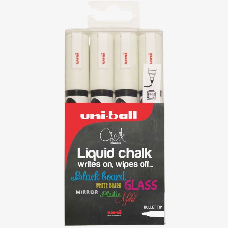 Uni-Ball Uni-Ball PWE-5M ChalkGlass Markers - Bullet Tip - White (Pack of 4)