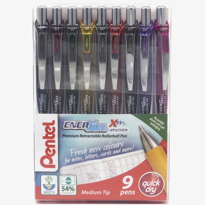 Pentel Pentel EnerGel XM Retractable Rollerball Pen - 0.7mm - New Colours (Pack of 9)
