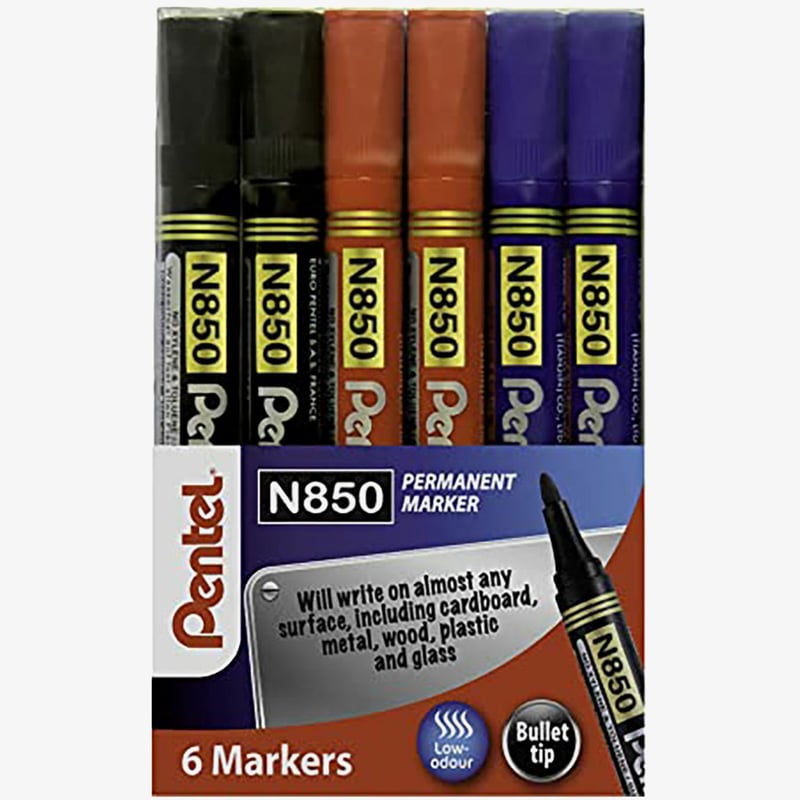 Pentel Pentel N850 Permanent Marker - Bullet Tip - Assorted Colours (Pack of 6)