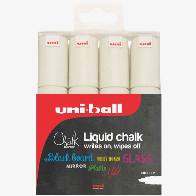 Uni-Ball Uni-Ball PWE-8K ChalkGlass Markers - Chisel Tip - White (Pack of 4)