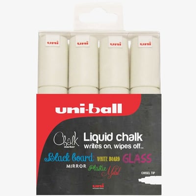 Uni-Ball PWE-8K ChalkGlass Markers - Chisel Tip - White (Pack of 4)