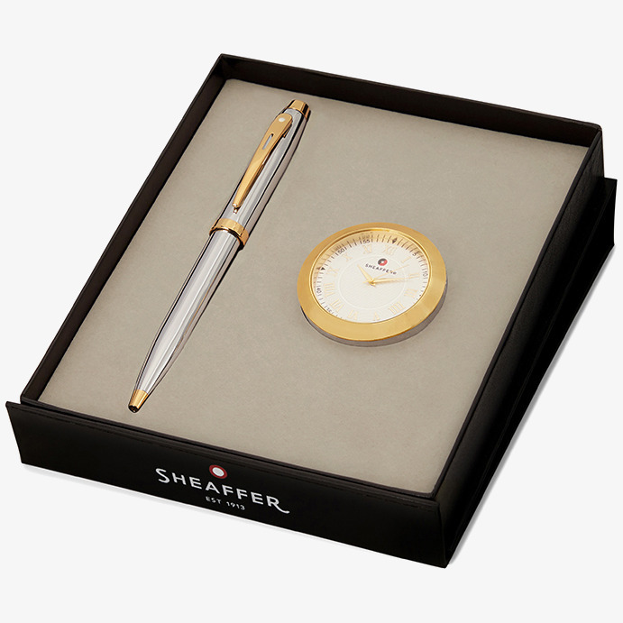Sheaffer Sheaffer 100 Ballpoint Pen Gift Set - Bright Chrome Gold Trim with Table Clock