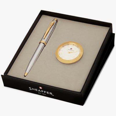 Sheaffer 100 Ballpoint Pen Gift Set - Bright Chrome Gold Trim with Table Clock