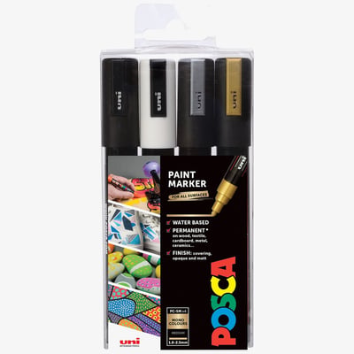 Uni-Ball POSCA PC-5M Medium Bullet Tip Marker Pens - Mono Tone Colours (Pack of 4)