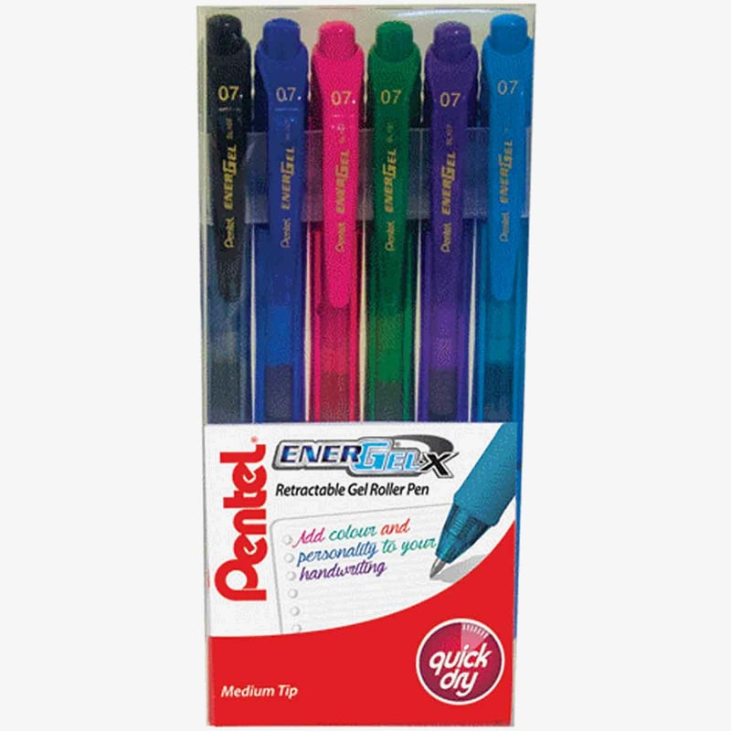 Pentel Pentel EnerGel X Retractable Rollerball Pen - Assorted Colours (Wallet of 6)