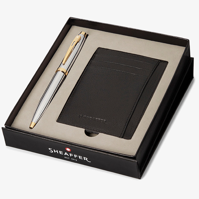 Sheaffer Sheaffer 300 Ballpoint Pen Gift Set - Bright Chrome Gold Trim with Credit Card Holder