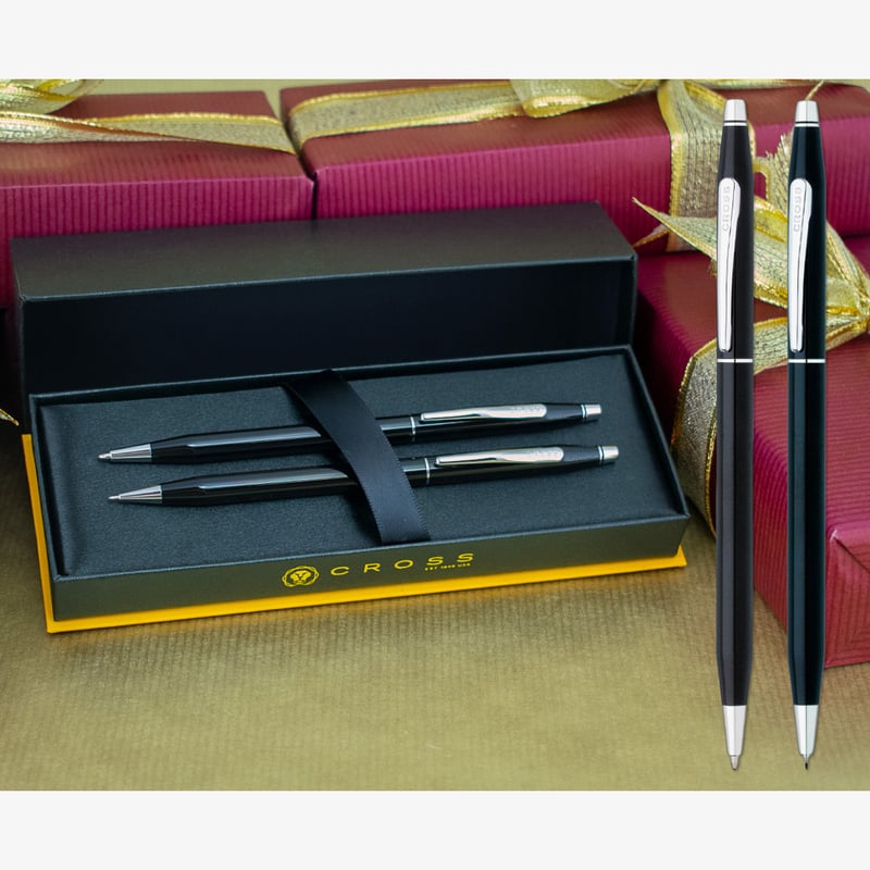 Cross Cross Classic Century Ballpoint Pen & Pencil Set - Black Lacquer Chrome Trim