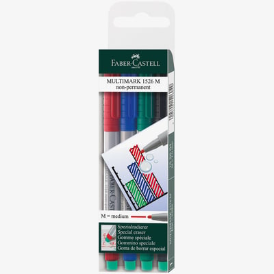 Faber-Castell Faber-Castell Multimark Non-Permanent Marker - Medium - Assorted Colours (Pack of 4)