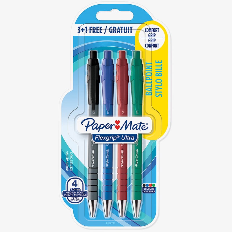 Papermate Papermate Flexgrip Ultra Retractable Ballpoint Pen - Medium - Assorted Colours (Blister of 4)